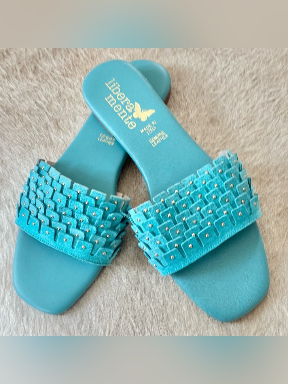 Libera Mente Made in Italy Leather Turquoise Flats with Gold details 8